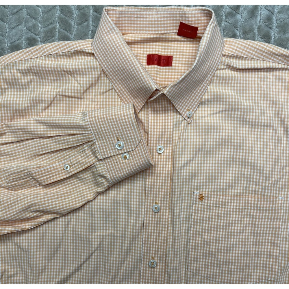 IZOD Mens XL Button Up Shirt Orange White Gingham Check 100% Cotton Logo Pocket